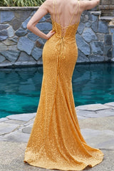 Golden Mermaid Prom Dress Sequin Corset Spaghetti Straps Evening Dress