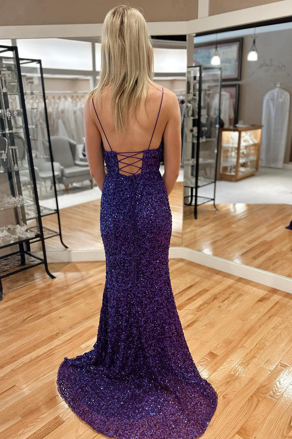 metallic blue formal dress Illusion V-Neck Embroidered Sequin Mermaid Long Prom Dress