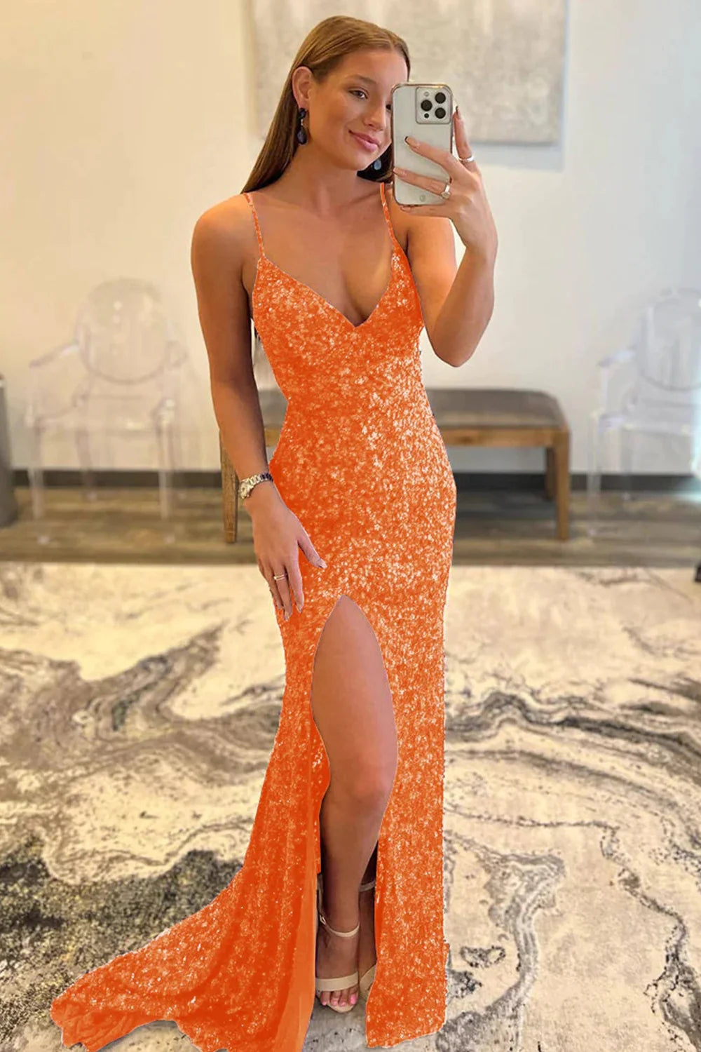 Golden Mermaid Sequin Prom Dress with Slit  Dreamyannie UK