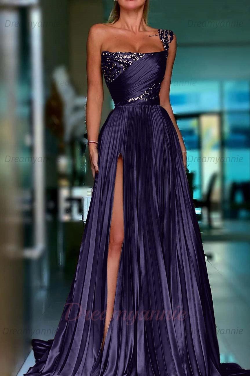Golden One Shoulder Prom Dress A Line Sequined Pleated Formal Dress with Slit