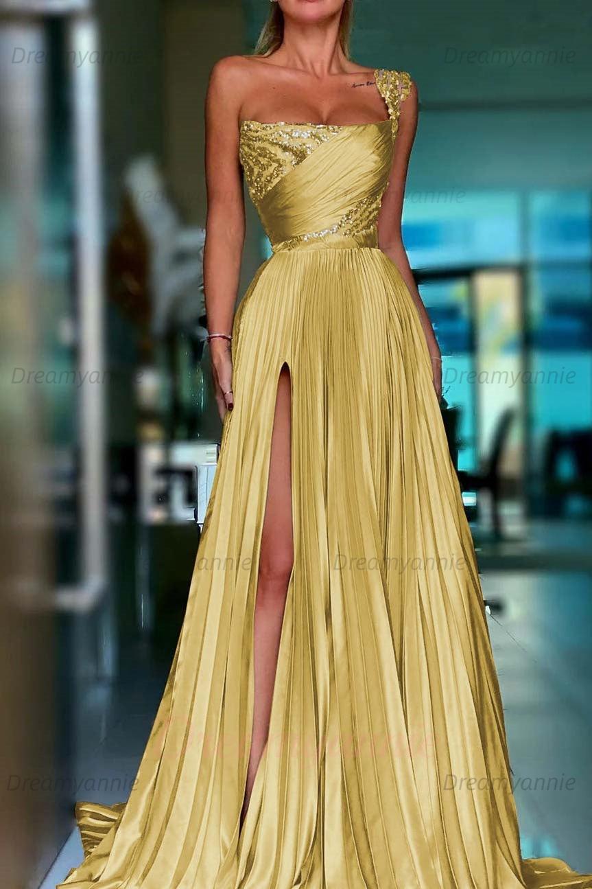Golden One Shoulder Prom Dress A Line Sequined Pleated Formal Dress with Slit
