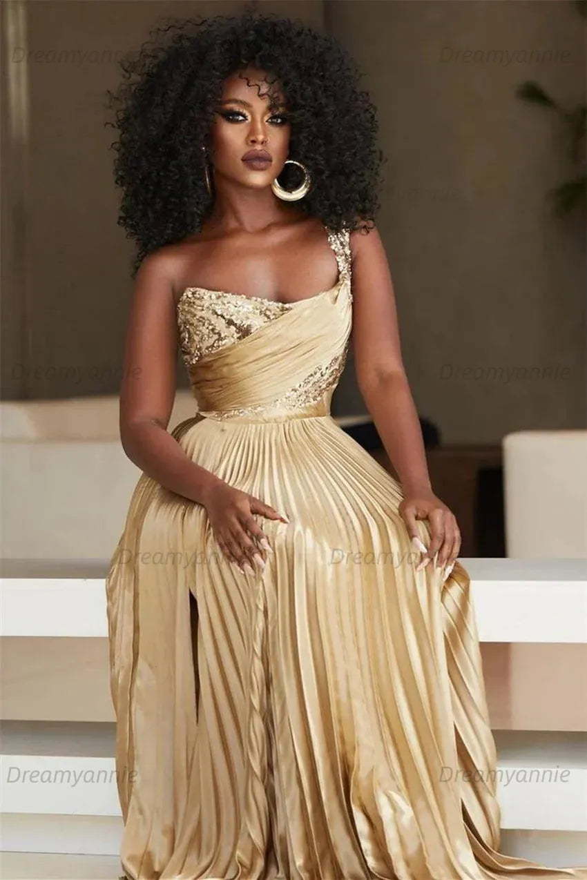 Golden One Shoulder Prom Dress A Line Sequined Pleated Formal Dress with Slit
