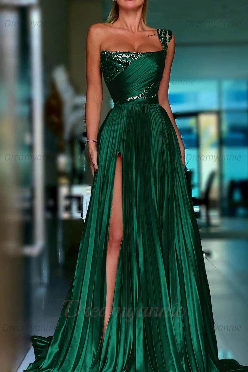 Golden One Shoulder Prom Dress A Line Sequined Pleated Formal Dress with Slit