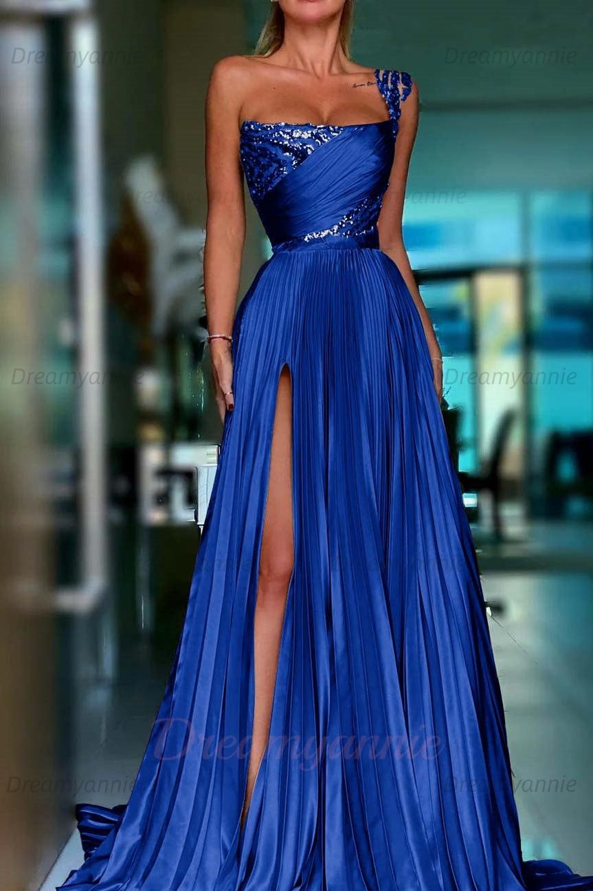 Golden One Shoulder Prom Dress A Line Sequined Pleated Formal Dress with Slit