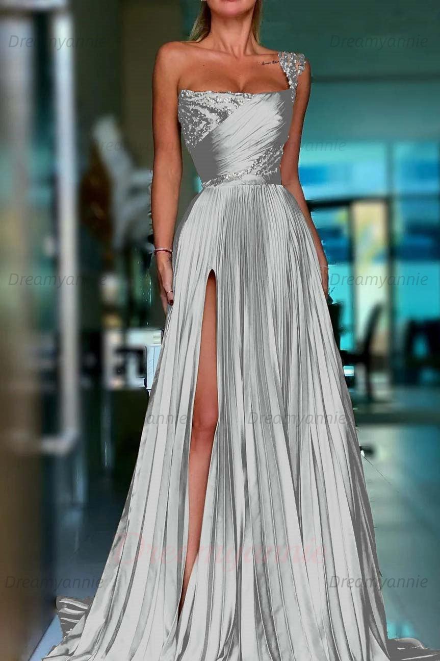 Golden One Shoulder Prom Dress A Line Sequined Pleated Formal Dress with Slit