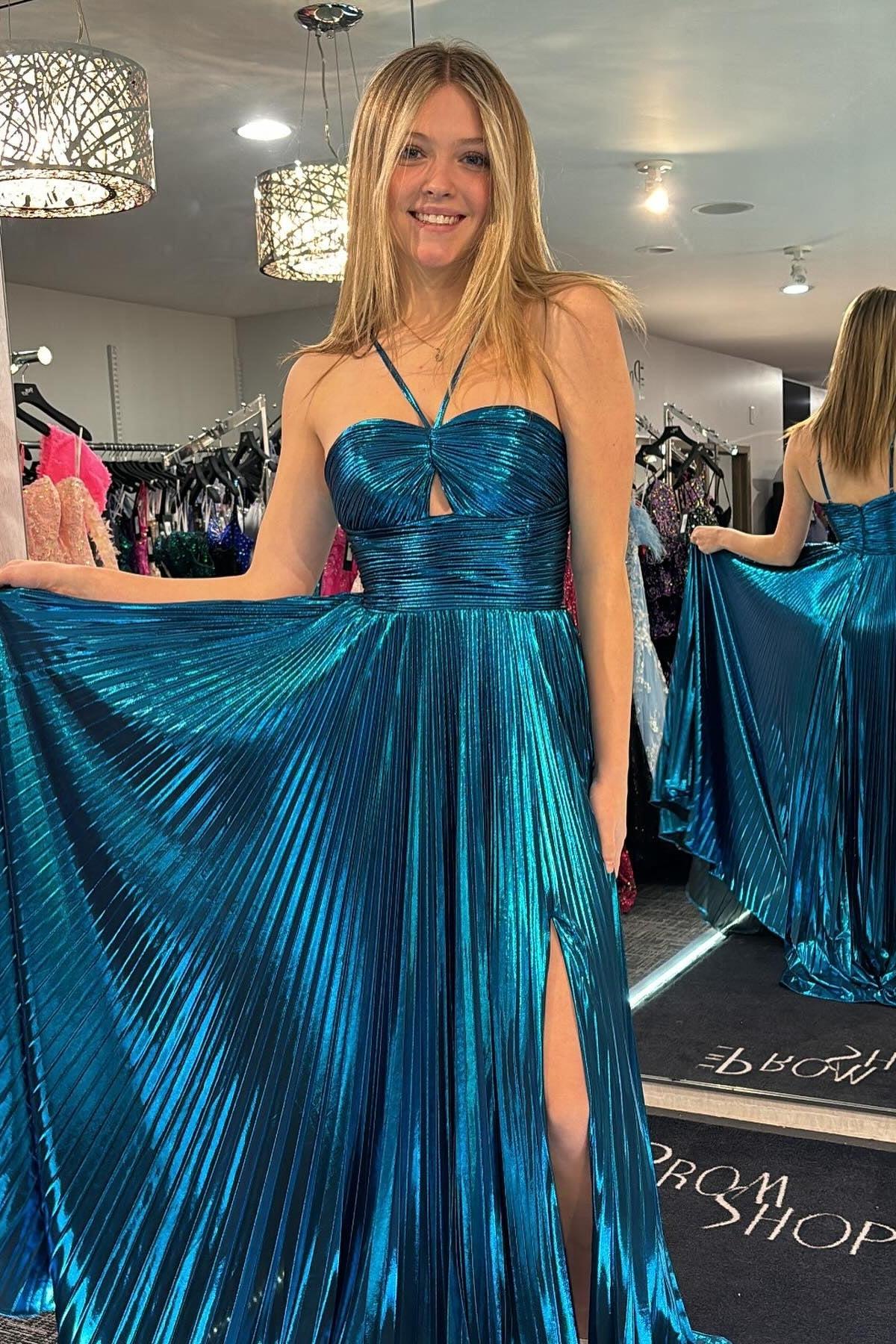 Golden Prom Dress A Line Backless Long Evening Dress With Slit