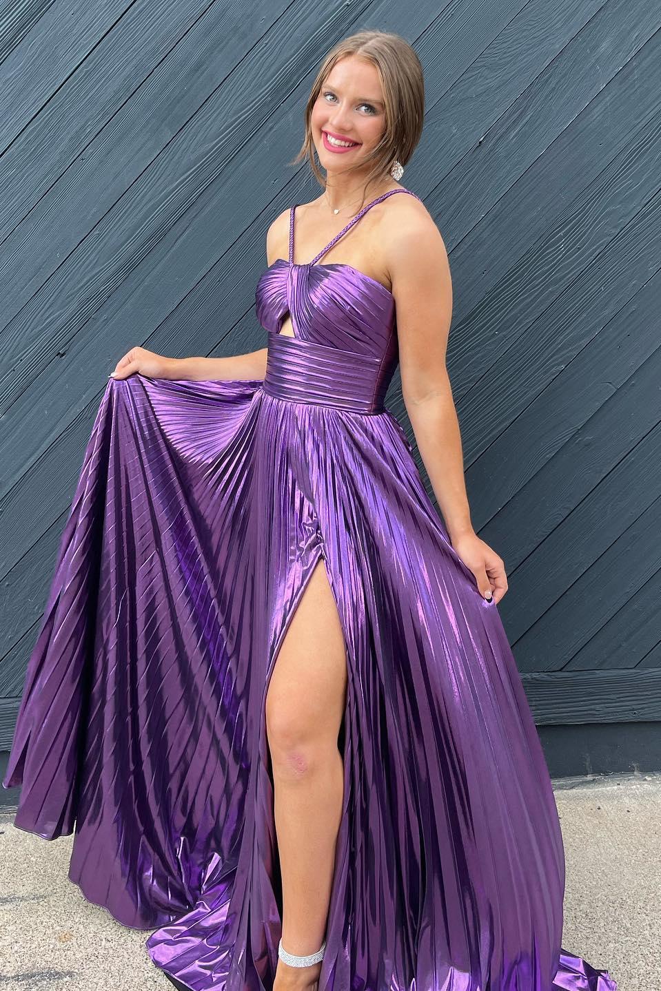 Golden Prom Dress A Line Backless Long Evening Dress With Slit