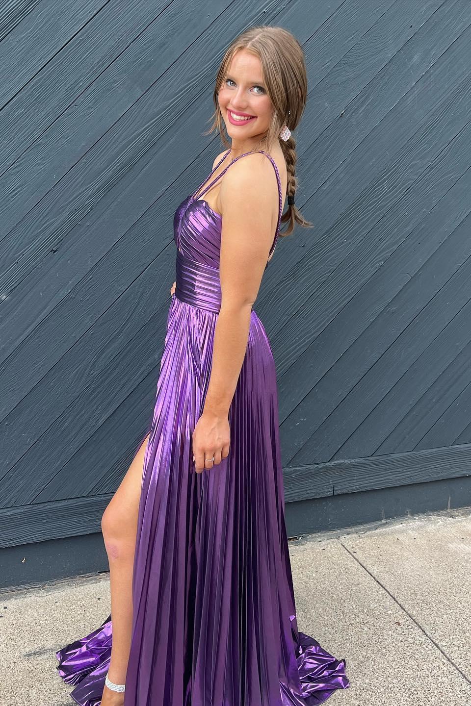 Golden Prom Dress A Line Backless Long Evening Dress With Slit
