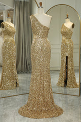 Golden Prom Dress Cut Out One Shoulder Long Evening Dress With Slit