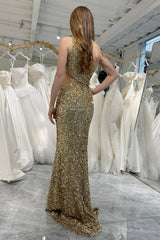Golden Prom Dress Cut Out One Shoulder Long Evening Dress With Slit