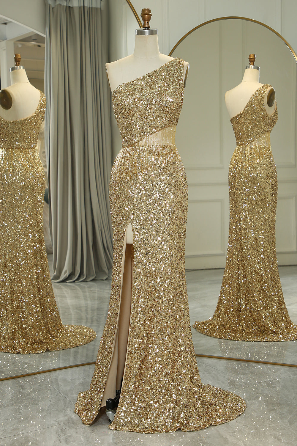 Golden Prom Dress Cut Out One Shoulder Long Evening Dress With Slit