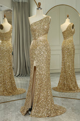 Golden Prom Dress Cut Out One Shoulder Long Evening Dress With Slit