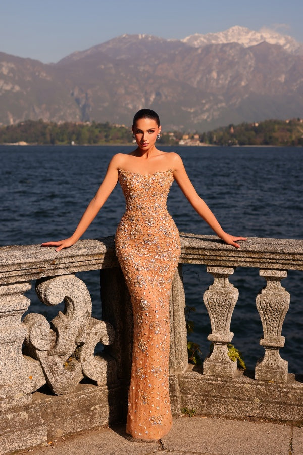 Golden Prom Dress Strapless Beaded Sheath/Column Prom Formal Dress