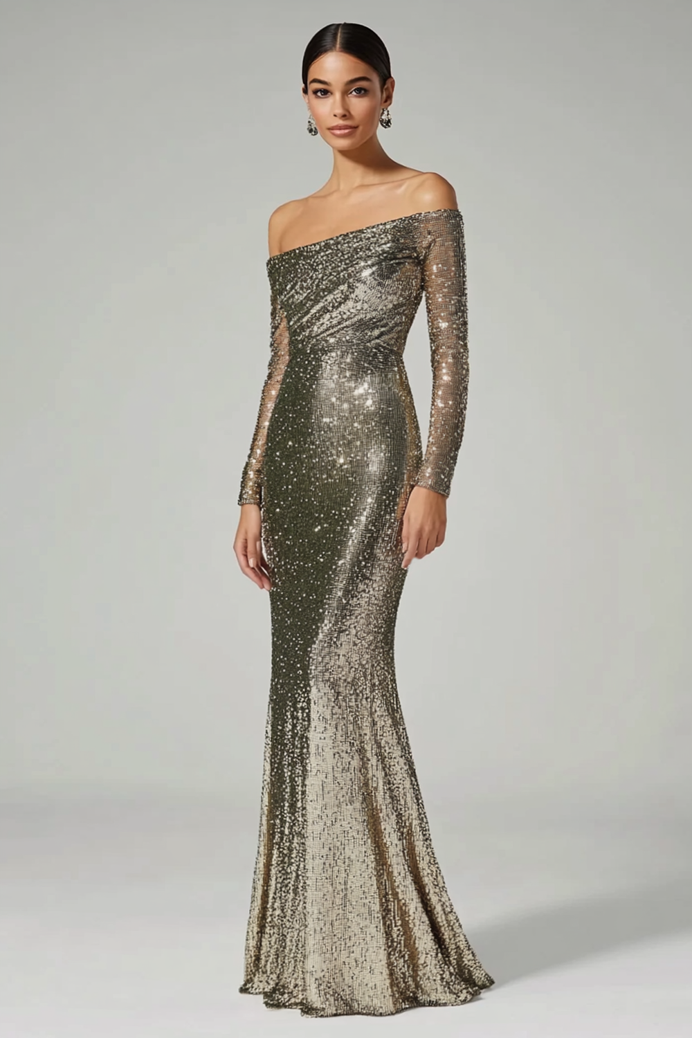 Golden Sheath Off The Shoulder Sequin Long Formal Dress