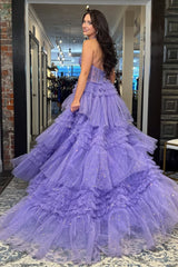 Gorgeous A Line Halter Neck Lilac Tulle Long Prom Dress With Ruffles Formal Evening Gown
