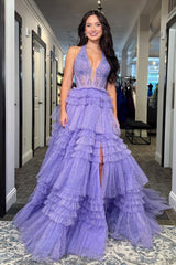 Gorgeous A Line Halter Neck Lilac Tulle Long Prom Dress With Ruffles Formal Evening Gown