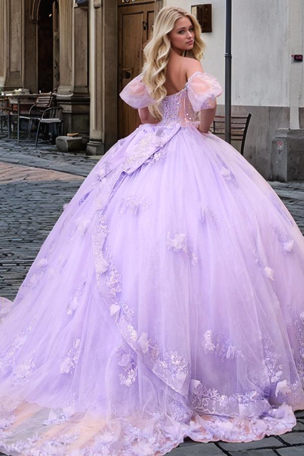 Gorgeous Ball Gown Sweetheart Neck Detachable Short Sleeves Beaded Crystal 3D Flower Appliques Purple Tulle Quinceanera Dress Birthday Party Dress For Sweet 16