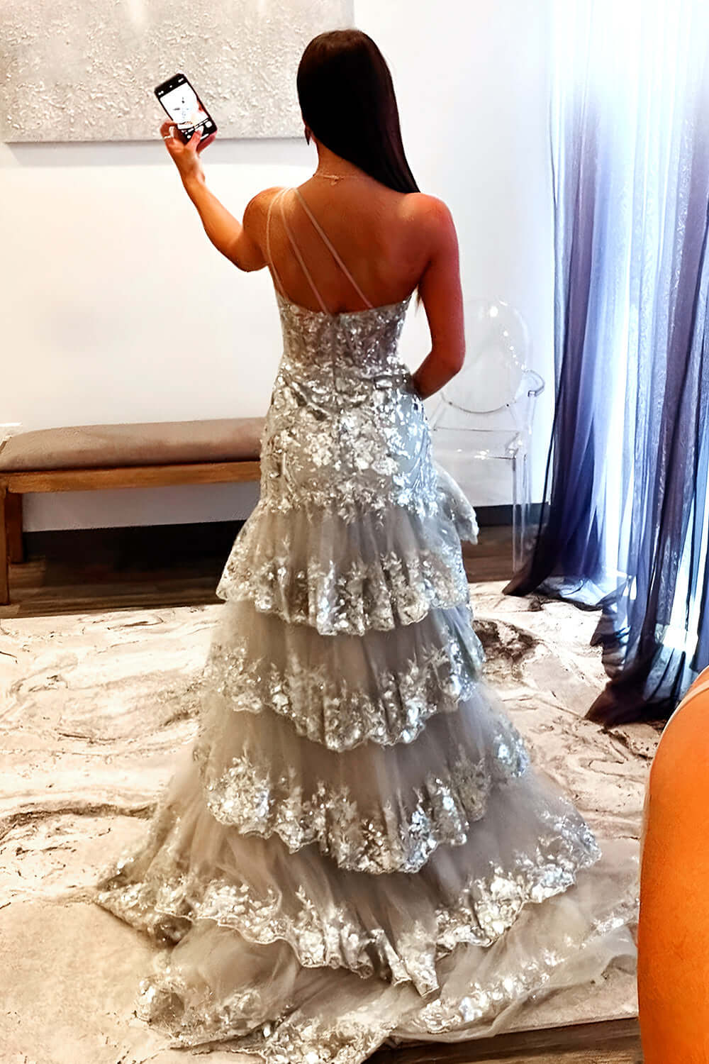 Sparkly Lilac One Shoulder Tiered Lace Long Prom Dress with Slit