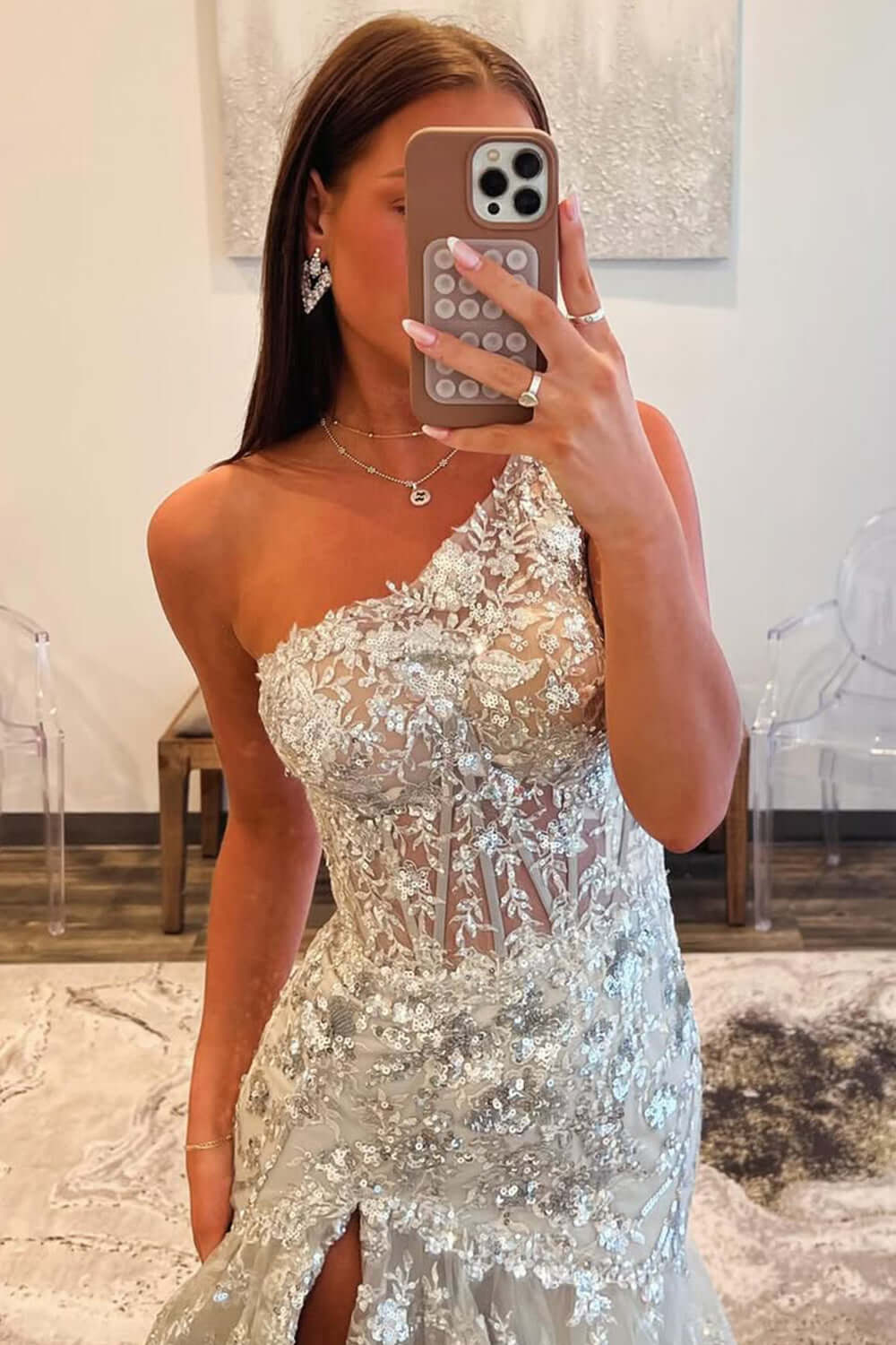 Sparkly Lilac One Shoulder Tiered Lace Long Prom Dress with Slit