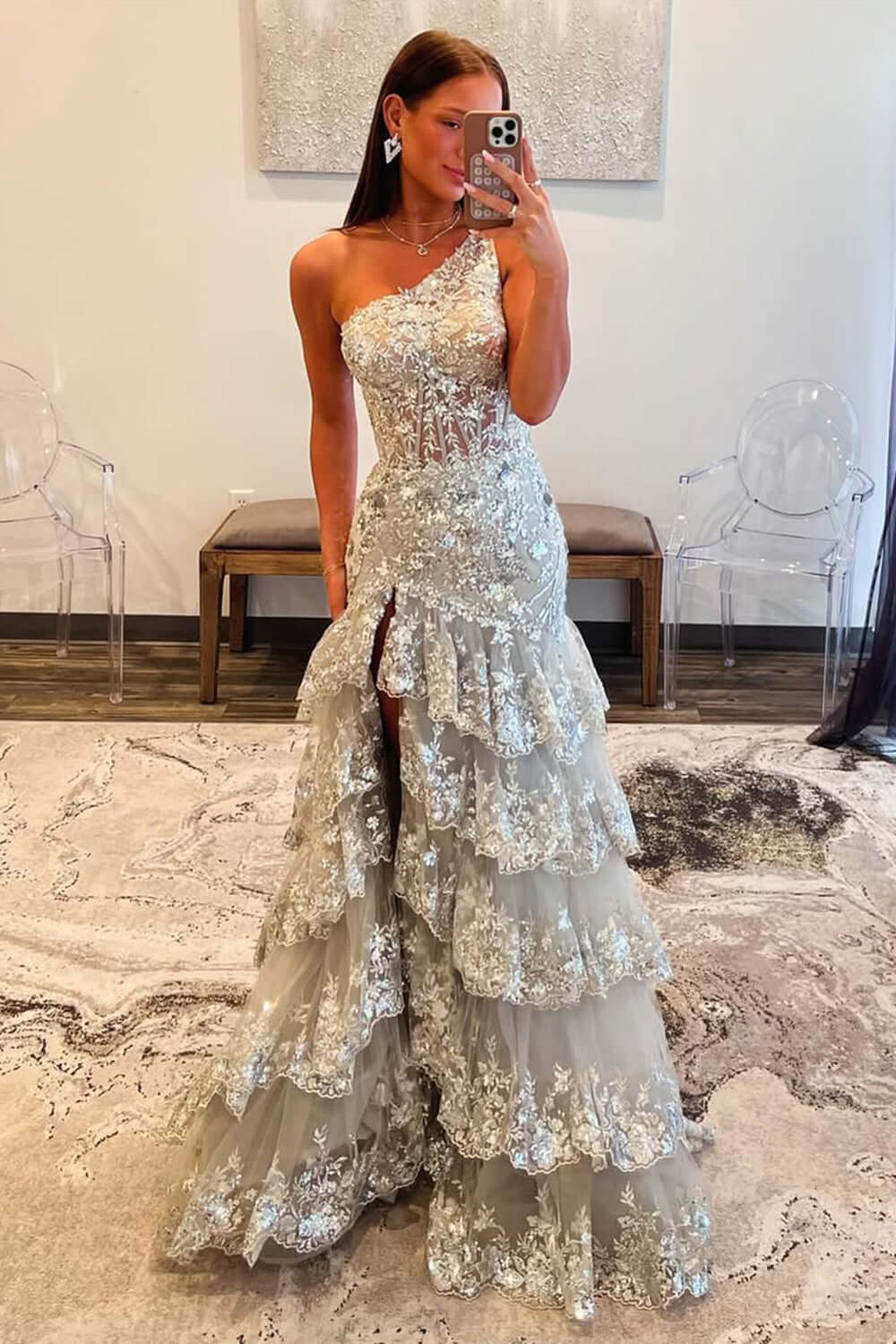 Sparkly Lilac One Shoulder Tiered Lace Long Prom Dress with Slit