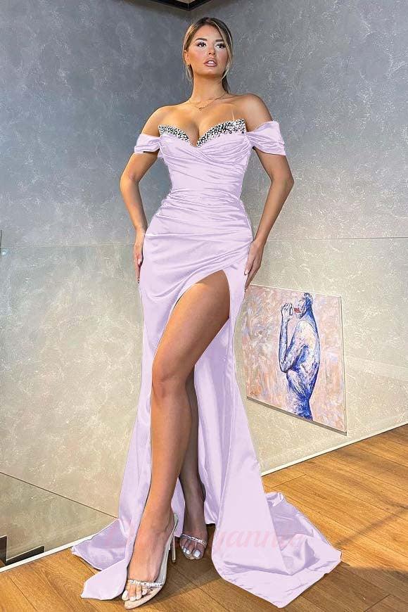 Gorgeous High Split Off The Shoulder Dark Green Sparkle Beaded Mermaid Prom Dress