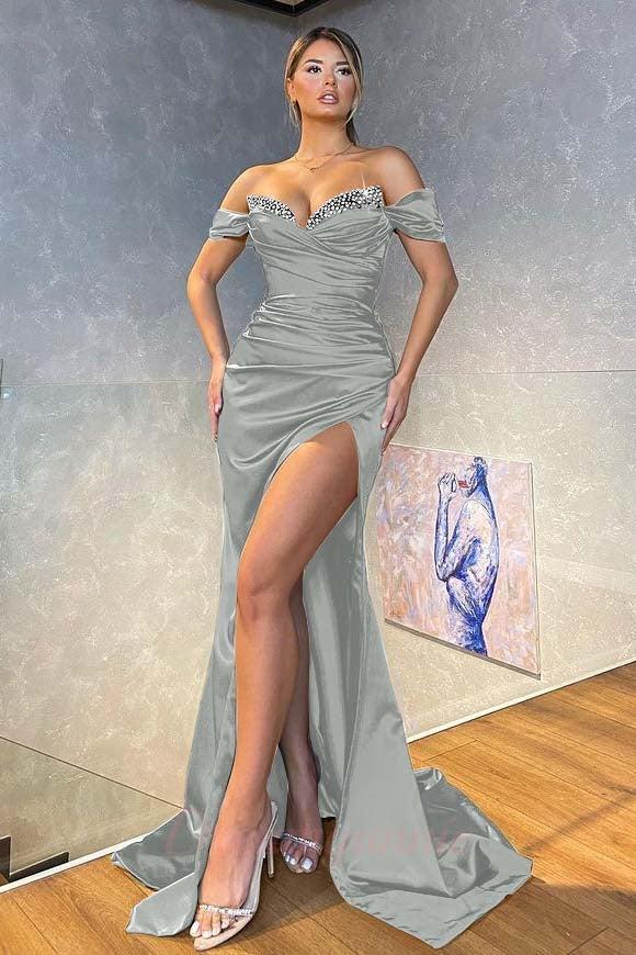 Gorgeous High Split Off The Shoulder Dark Green Sparkle Beaded Mermaid Prom Dress