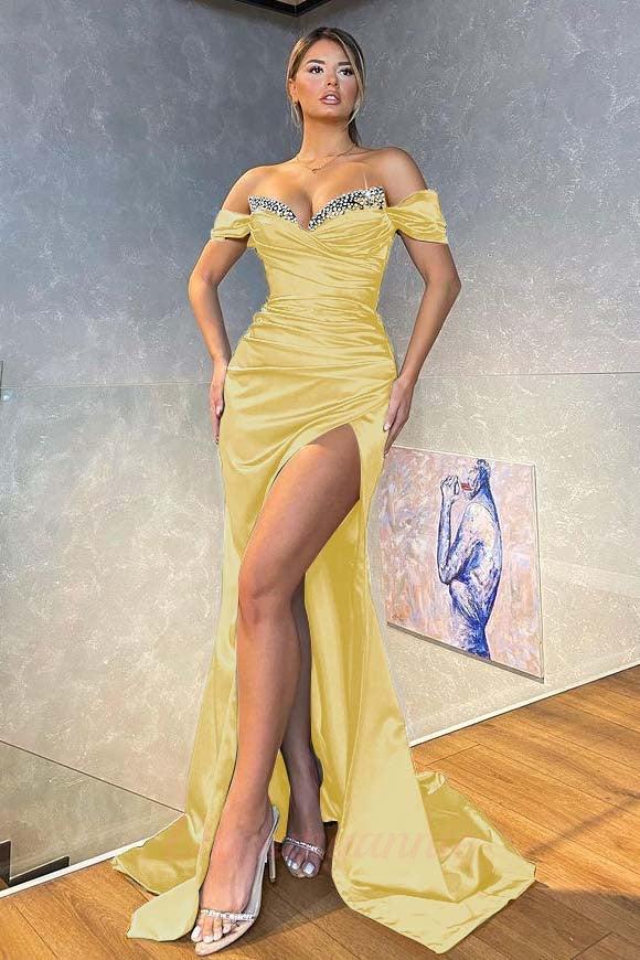 Gorgeous High Split Off The Shoulder Dark Green Sparkle Beaded Mermaid Prom Dress