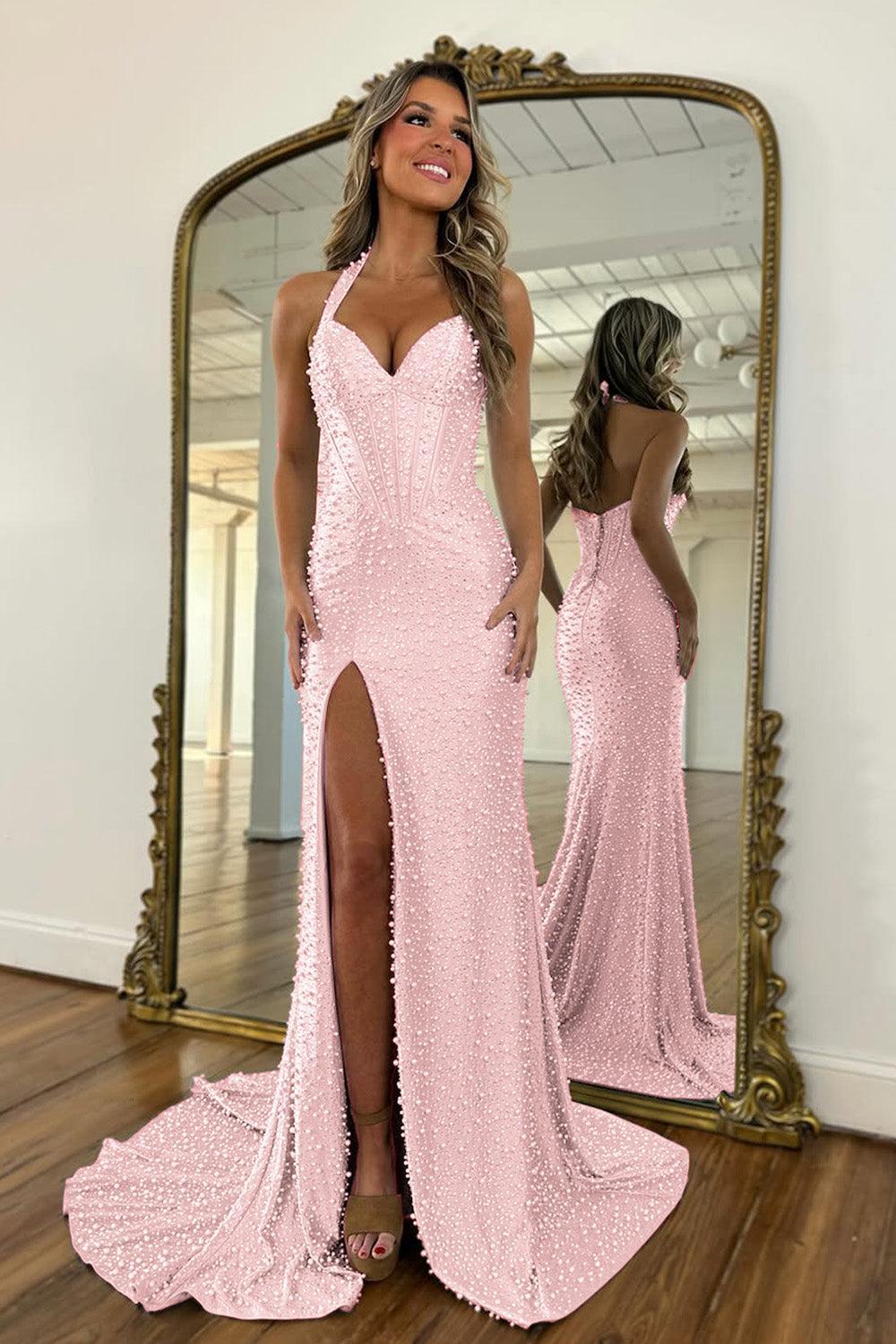 Gorgeous Light Blue Beaded Halter Mermaid Prom Dress With Pearls And Slit Formal Evening Gown