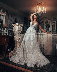Gorgeous Long A Line V Neck Wedding Dress with 3D Floral Lace