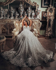 Gorgeous Long A Line V Neck Wedding Dress with 3D Floral Lace