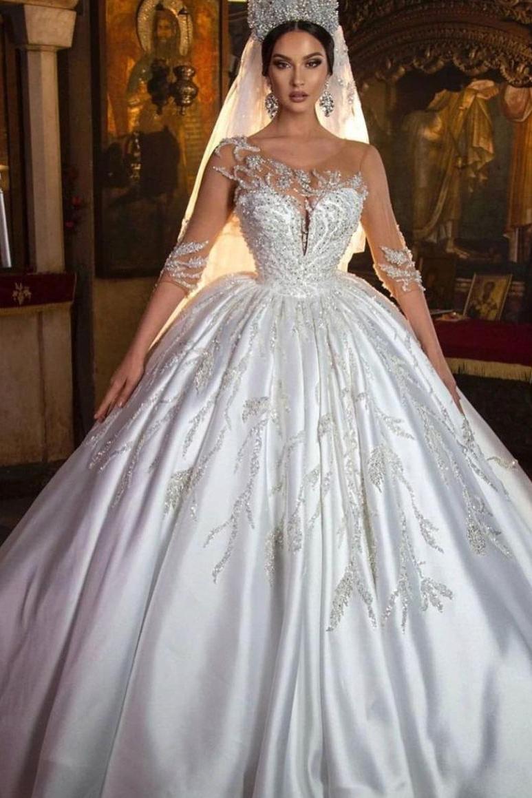 Gorgeous Long Princess Sweetheart Satin Wedding Dress with Sleeves