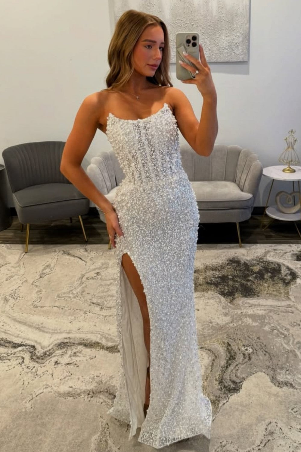 Gorgeous Luxury White Pearls Strapless Mermaid Prom Dress With Slit Formal Evening Gown