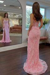 Dreamyannie Gorgeous Mermaid Sweetheart Pink Long Prom Dress With Split Front Appliques Formal Evening Gown