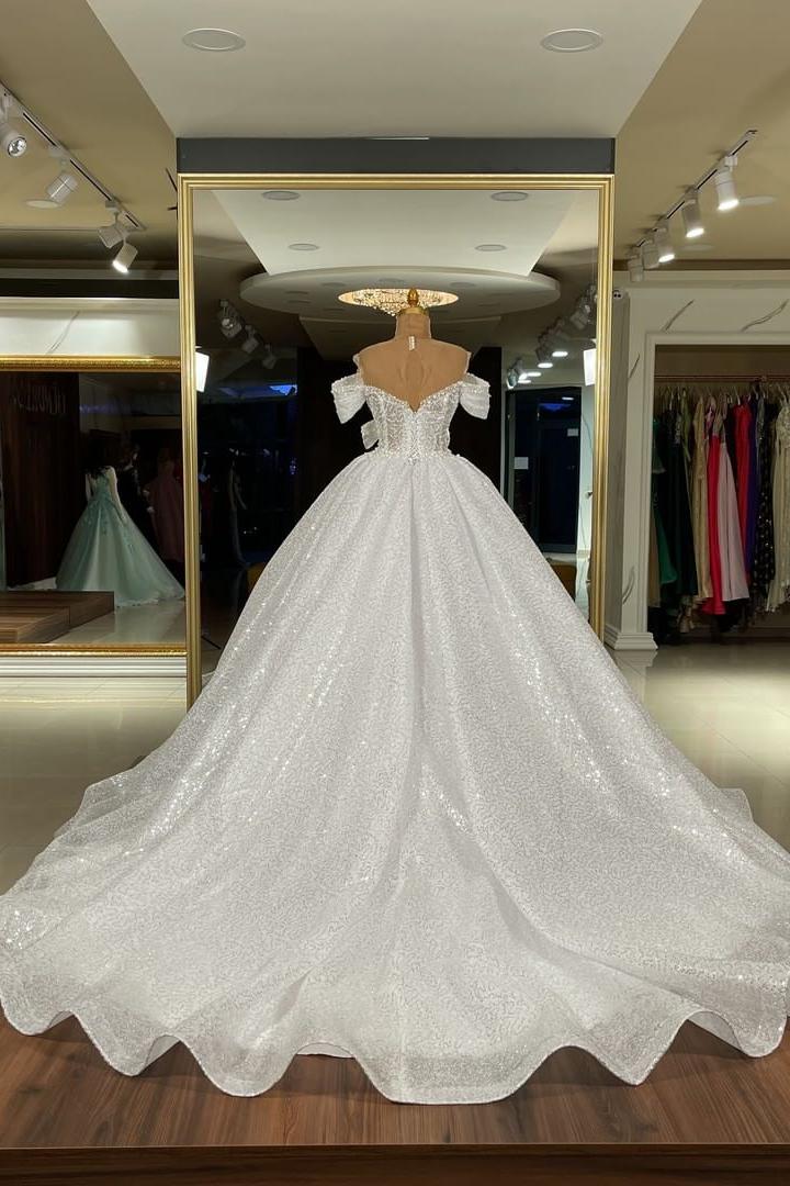 Gorgeous Off the Shoulder Long Ball Gown Wedding Dress with Sequins