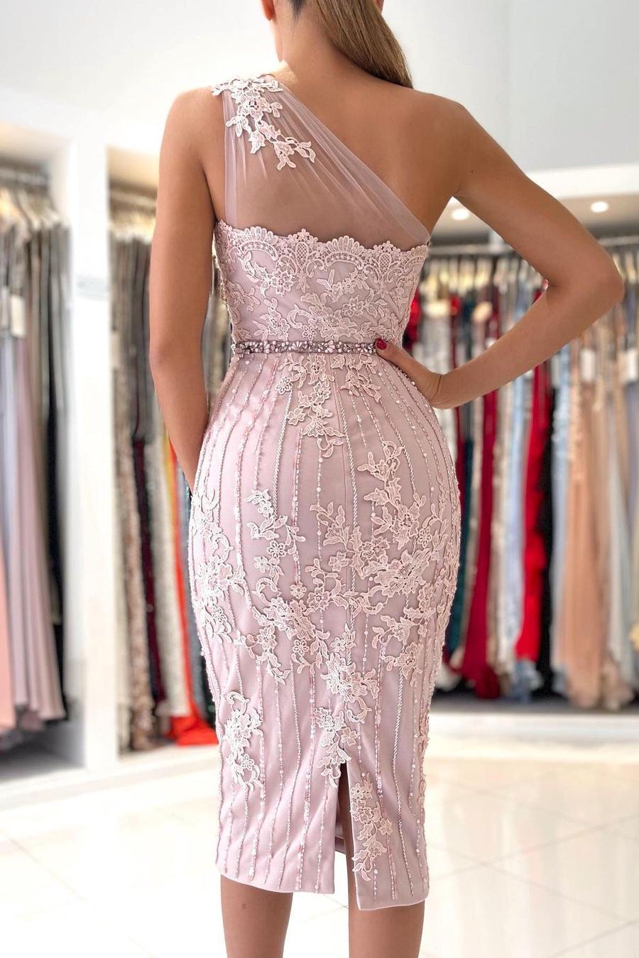 Gorgeous One Shoulder Lace Sheath Prom Dress With Crystal