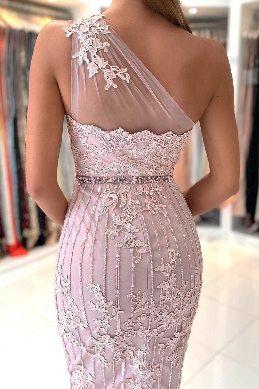 Gorgeous One Shoulder Lace Sheath Prom Dress With Crystal
