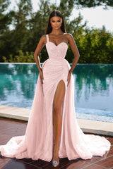 Gorgeous One Shoulder Sleeveless Mermaid Split Evening Dress Sequins with Tulle Overskirt