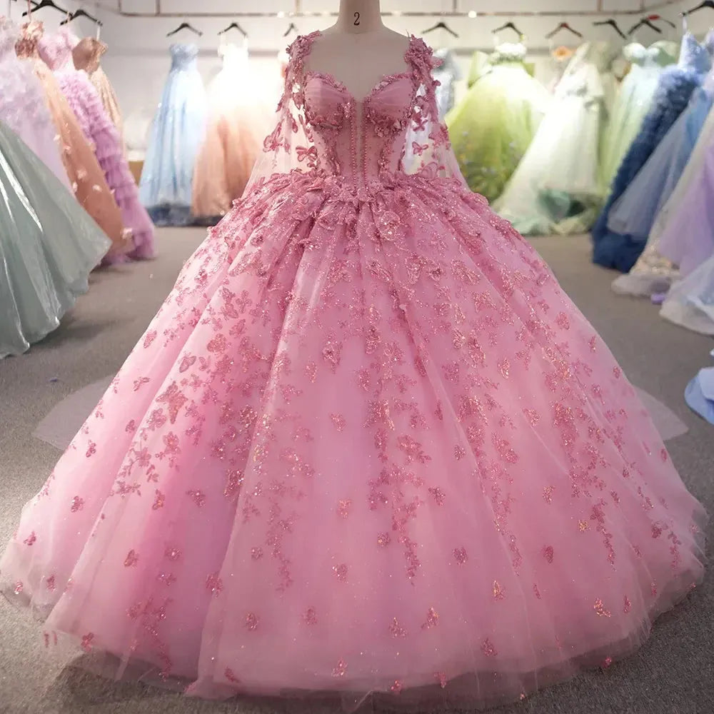 Gorgeous Quinceanera Dress With Cape Pink Color Sexy Appliques Bead Formal 16 Year Party Ball Gown Dress