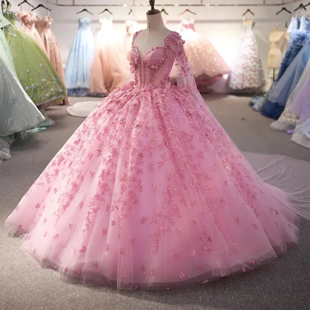 Gorgeous Quinceanera Dress With Cape Pink Color Sexy Appliques Bead Formal 16 Year Party Ball Gown Dress