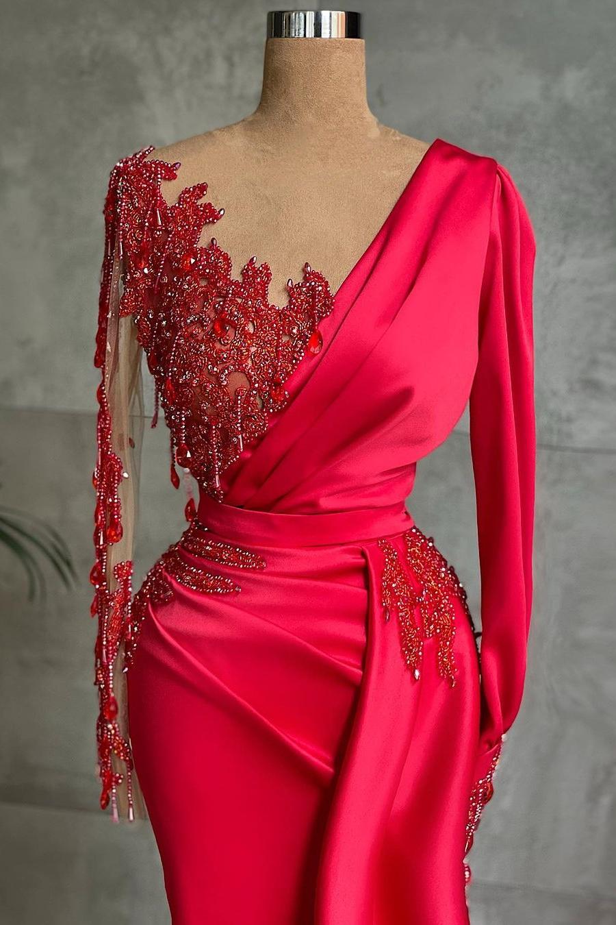 Gorgeous Red Long Sleeve Mermaid Prom Dress Lace Appliques Prom Gown Ruffles