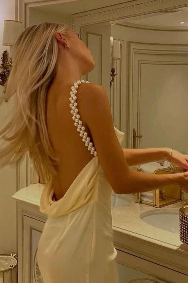 Gorgeous Sheath Spaghetti Straps Yellow Long Party Dress With Pearl Backless Formal Evening Gown