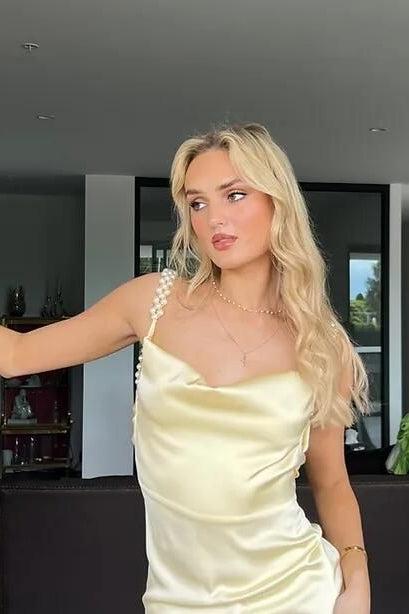 Gorgeous Sheath Spaghetti Straps Yellow Long Party Dress With Pearl Backless Formal Evening Gown