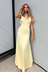 Gorgeous Sheath Spaghetti Straps Yellow Long Party Dress With Pearl Backless Formal Evening Gown