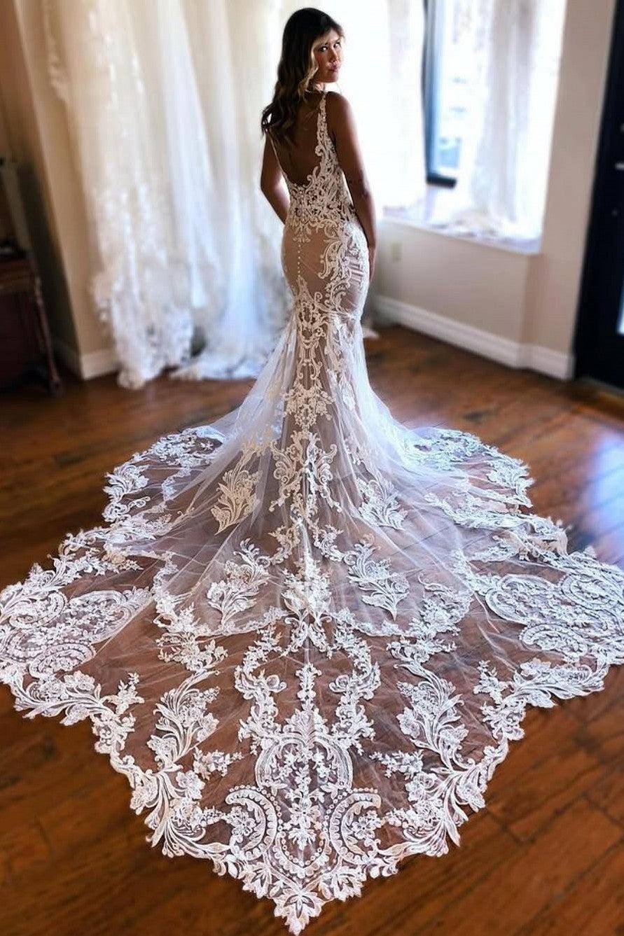 Gorgeous White and Champagne Beach Wedding Dress V Neck Mermaid Lace Bridal Dress