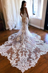 Gorgeous White and Champagne Beach Wedding Dress V Neck Mermaid Lace Bridal Dress