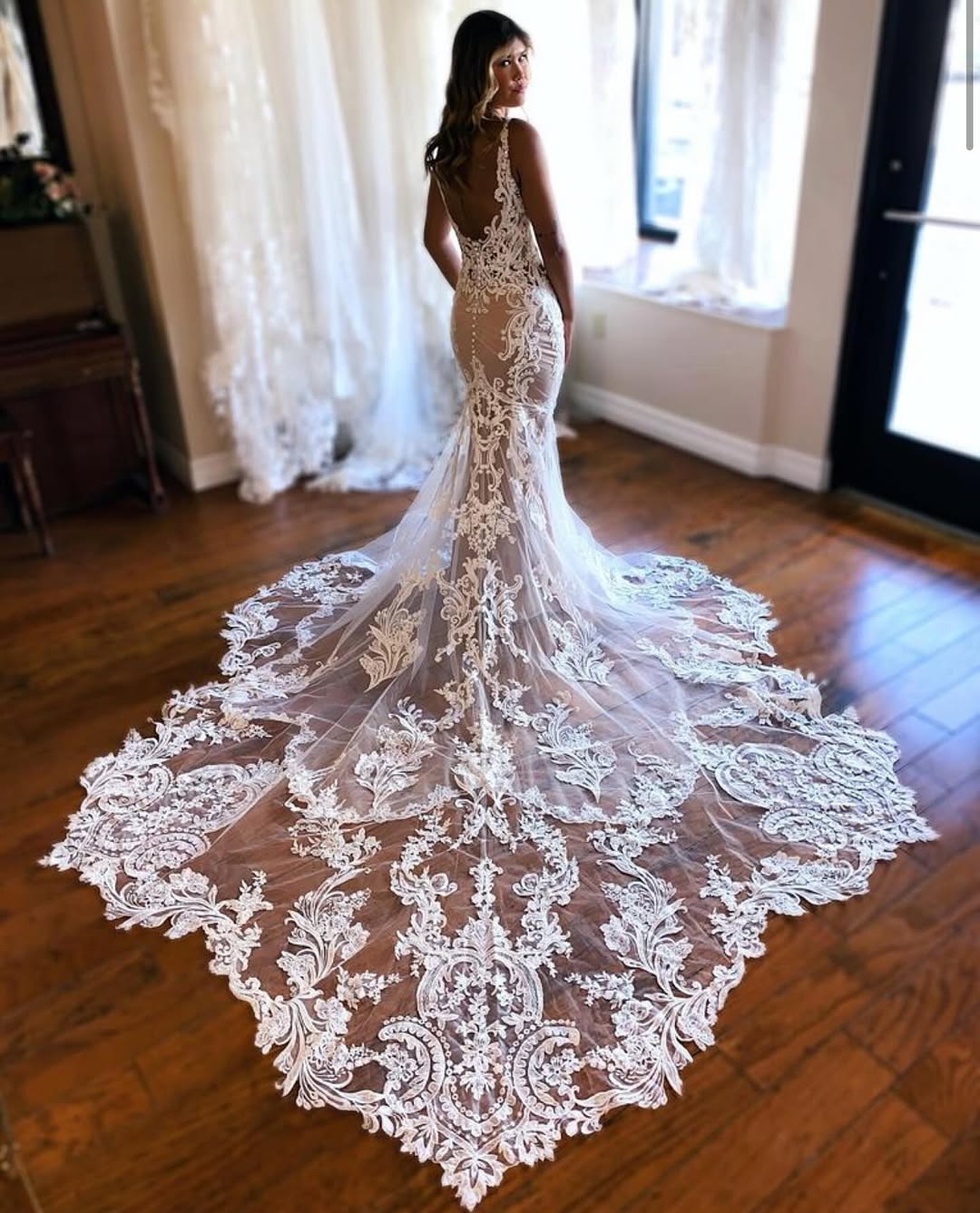 Gorgeous White and Champagne Beach Wedding Dress V Neck Mermaid Lace Bridal Dress