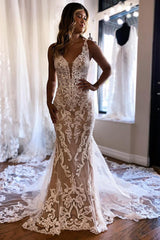 Gorgeous White and Champagne Beach Wedding Dress V Neck Mermaid Lace Bridal Dress