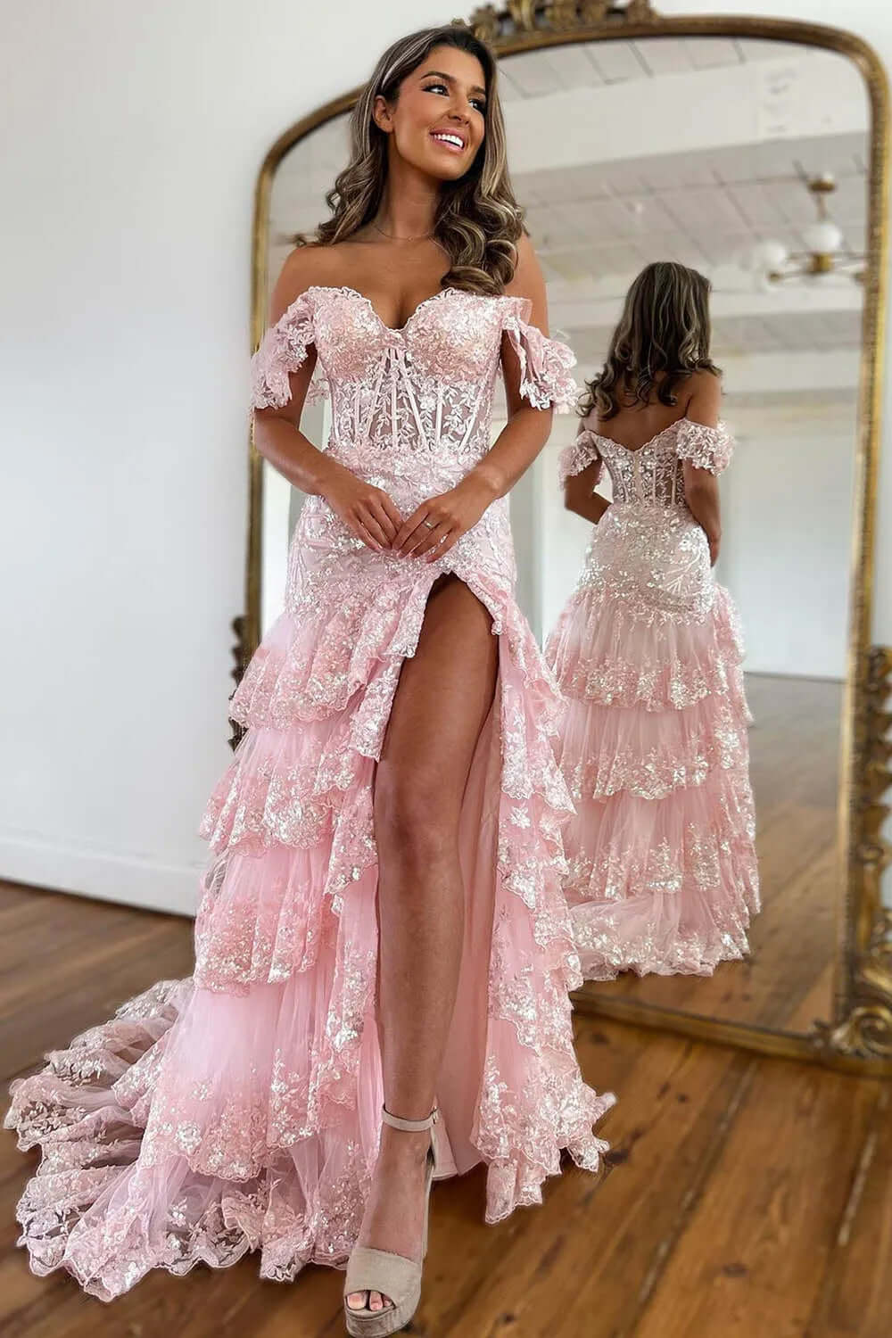 Off the Shoulder Mermaid Prom Dress Tiered Formal Dress Sequined Tulle Lace Evening Dress