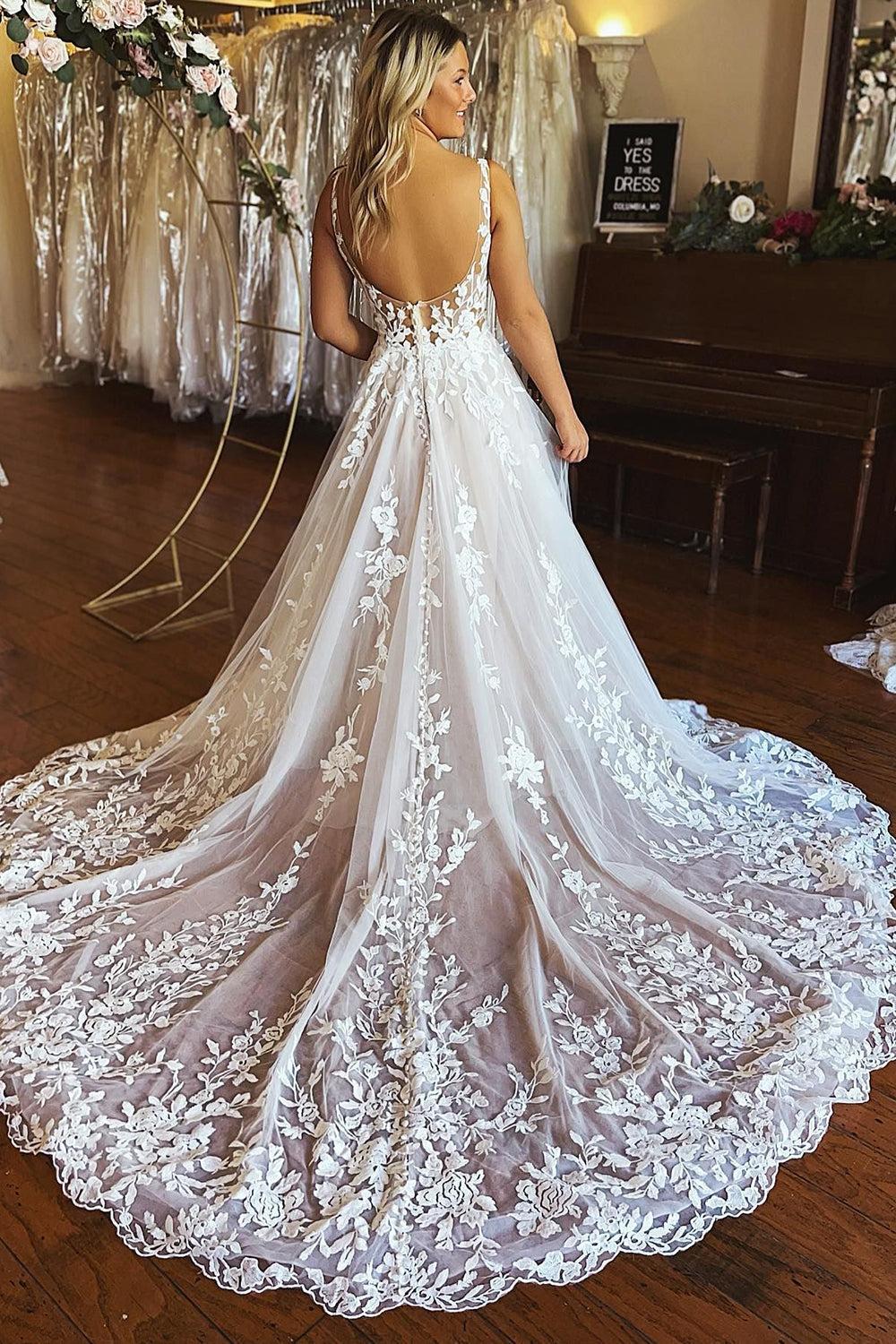 Graceful Ivory A-Line V-Neck Backless Long Lace Beach Wedding Dress