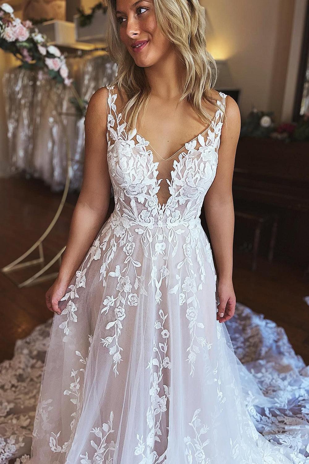 Graceful Ivory A-Line V-Neck Backless Long Lace Beach Wedding Dress